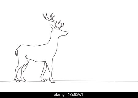 Single continuous line drawing forest wild deer. Standing wild reindeer for national park logo. Elegant mammal animal mascot for nature conservation. Stock Vector
