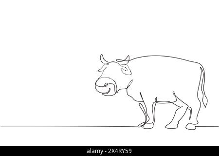 Single one line drawing fat cow for husbandry logo identity. Mammal animal mascot concept for livestock icon. Milk cow animal and beef meat. Continuou Stock Vector