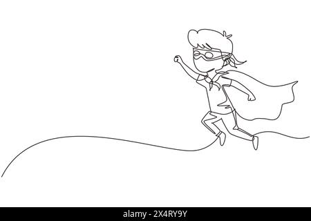 Single continuous line drawing boy flies through air in super hero pose with outstretched hand. Kid in super hero costume with mask on his face and cl Stock Vector