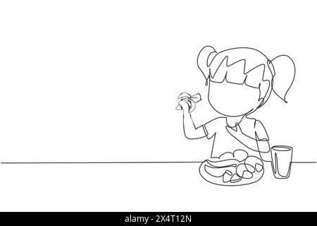 Single continuous line drawing girl eating fruit. Sitting near table eating orange. Watermelon and banana in tray placed on table at home. Healthy foo Stock Vector
