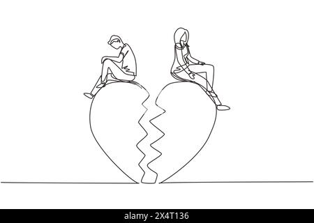 Single continuous line drawing relationship break up, broken heart, couple facing opposite direction. Couple sitting on big broken heart shape. Dynami Stock Vector