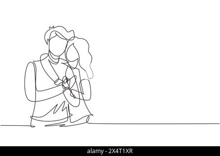 Single one line drawing lovers man and woman hug. Happy family concept. Couple in relationship in love. Happy man hugging his partner woman. Modern co Stock Vector