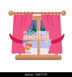 Window with pink curtains in cartoon style. Vector illustrations. Winter with Christmas trees and snow. Santa Claus village. Isolated objects, objects Stock Vector
