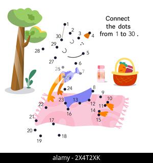 Dot to dot. Connect the dots from 1 to 30. Puzzle game for kids. Cute fox in summer. Vector illustration Stock Vector