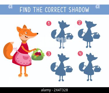 Find correct shadow. Puzzle game for children. Cute mother fox in apron with basket of vegetables. Vector cartoon illustration. Funny character. Stock Vector