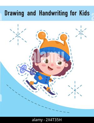 Drawing and handwriting for children. Educational activity game worksheet for kids. Cartoon funny characters. Vector illustration.  Stock Vector