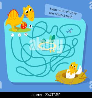 Maze game. Educational puzzle game for kids. Cute flat simple dinosaurs in Jurassic Park. Vector colour illustration. Cartoon scene for design Stock Vector