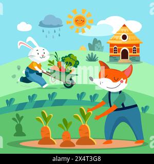 Cute flat cartoon fox and rabbit with vegetables in wheelbarrow. Farm and garden, plants. Scene for design. Vector flat illustration. Stock Vector