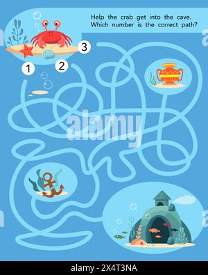 Activity and education. Maze puzzle game for kids. Help the crab get into the cave. Which number is the correct path. Flat stylised character. Vector Stock Vector