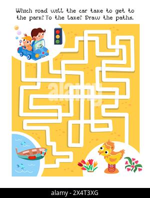 Maze game, activity for children. Vector illustration. Puzzle for kids. Cute cartoon car with driver behind the wheel.  Stock Vector