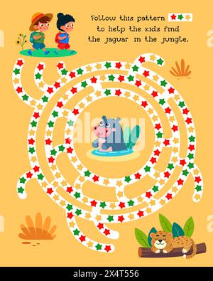 Maze for kids. Activity and Education. Puzzle game for children. Cute cartoon characters. Follow the pattern to help the kids find the jaguar in the Stock Vector