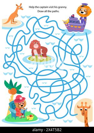 Maze for children. Puzzle for kids. Help captain of liner to visit grandma. Draw tracks. Cute cartoon characters. Vector illustration. Stock Vector