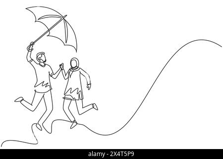 Single continuous line drawing Arabic couple in love walking under rain with umbrella. Man and woman walking along city street and jumping. Married co Stock Vector