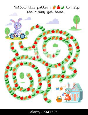 Maze for kids. Activity and Education. Puzzle game for children. Cute cartoon characters. Follow this pattern to help the bunny get home. Vector Stock Vector