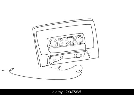 Single continuous line drawing retro compact tape cassette. Vintage music icon audio cassette tape element in doodle style isolated on a white. Dynami Stock Vector
