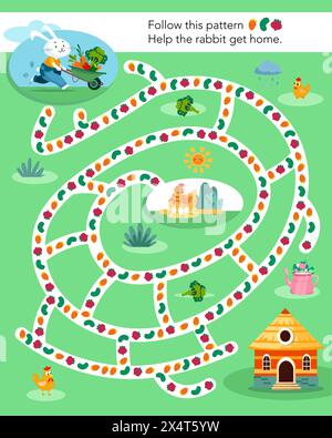 Activity and education. Maze puzzle game for kids. Help rabbit get his home. Cute flat cartoon hare with vegetables in garden. Farm and food. Vector Stock Vector