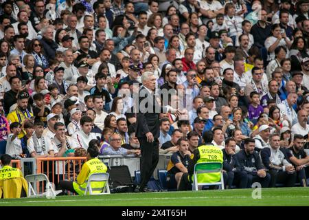 Madrid, Spain. 04th May, 2024. Real Madrid's Italian coach Carlo Ancelotti seen in action during LaLiga EA Sports between Real Madrid and Cadiz at the Santiago Bernabeu stadium. Final scores Real Madrid 3: 0 Cadiz. Credit: SOPA Images Limited/Alamy Live News Stock Photo