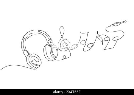 Single continuous line drawing headphones. Music gadget and note. Audio headphone outline sketch. Lineart vector concept of musical symbol. Dynamic on Stock Vector