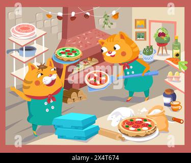 Cute pizzaiolo cats with pizza on shovel. Cartoon funny characters, scene for design. Food and professions. Vector illustration for children.  Stock Vector
