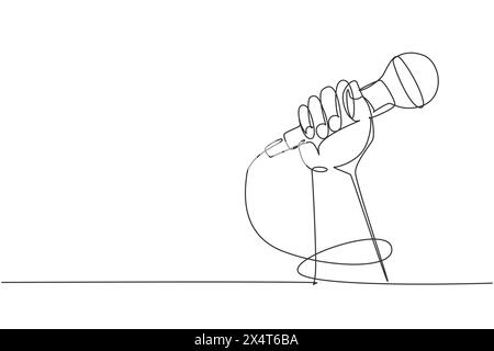 Single continuous line drawing microphone in hand, hand holding microphone in fist. Rock hand gesture holding microphone. Rock and roll music live. On Stock Vector