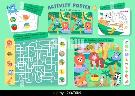 Find hidden objects in picture. Educational puzzle game, maze, count, math for kids. Cute flat simple animals in jungle, zoo. Vector colour Stock Vector