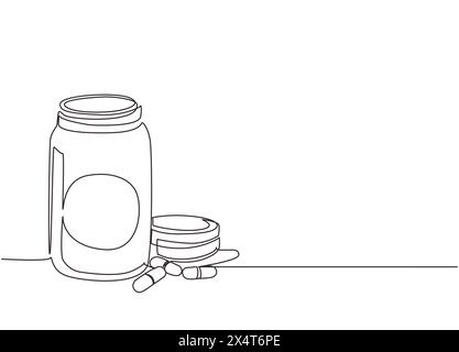 Single continuous line drawing pill bottle. Medical capsules container. Tablet pills medical drug pharmacy care and tablet pills antibiotic pharmaceut Stock Vector