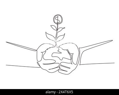 Continuous one line drawing hands holding money plant in soil on white background. Hand of businessman holding sprout a money tree. Earnings, success Stock Vector