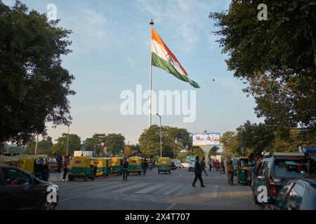The Indian Flag fluttering at Connaught Place in New Delhi amidst a resurgence of Nationalism in India Stock Photo