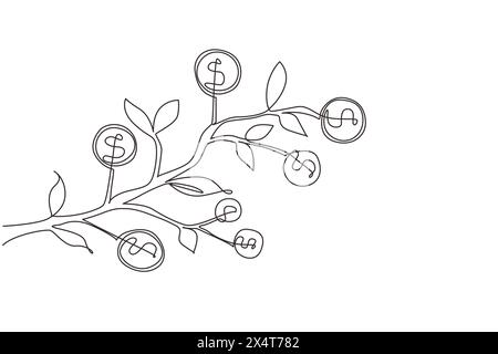Continuous one line drawing dollar symbol hanging from tree branch. Money tree. Green cash banknotes with golden coins. Concept for return money inves Stock Vector