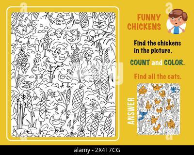 Find chickens, cats in the picture, count and color. Games for children. Puzzle with hidden animals. Black and white outline for coloring. Funny Stock Vector