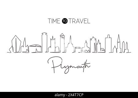Single one line drawing Plymouth city skyline, England. Famous city scraper landscape. World travel home wall decor art poster print concept. Continuo Stock Vector