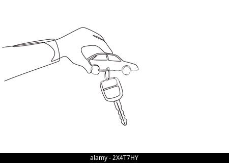 Single one line drawing man handing over keys. Car rental for sale. Hand holding car key with alarm keychain. Hand of car salesman manager holding key Stock Vector