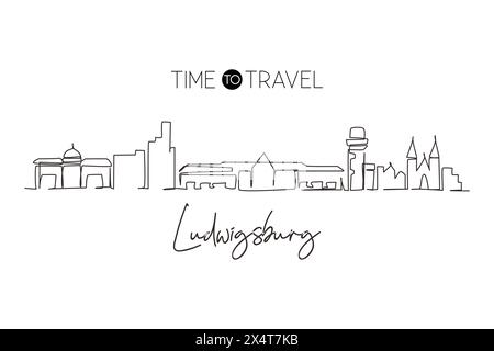 Single continuous line drawing Ludwigsburg skyline, Germany. Famous city scraper landscape. World travel home wall decor art poster print concept. One Stock Vector