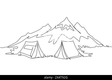 Continuous one line drawing two tents in adventure camping night landscape. Tent camper tourist forest mountain expedition. Travel and vacation concep Stock Vector