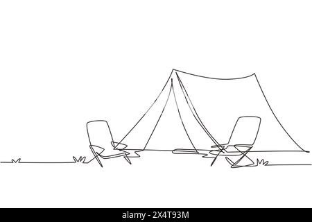 Single one line drawing camping landscape with mountains background. Tents with two chair in pine forest on the grass. Summer camping on nature. Conti Stock Vector