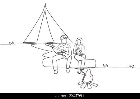Single one line drawing couple hikers sitting on log of wood near campfire in forest. Woman drinking hot tea, man playing guitar, camping gear and bac Stock Vector