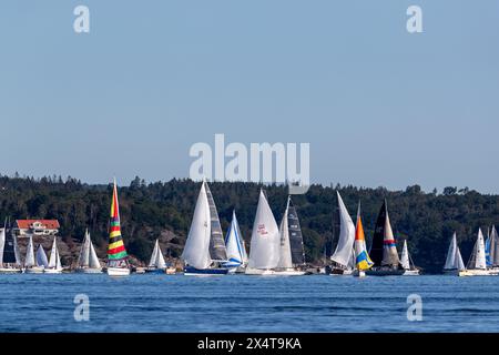 Stenungsund, Sweden - August 21 2021: Many sailboats with different colored sails at sea in a sailing race. Crew visible on the boats. Stock Photo