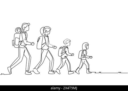 Single continuous line drawing man, woman, children, family hikers traveling trekking with backpacks in mountains forest. Trip and holiday concept. On Stock Vector