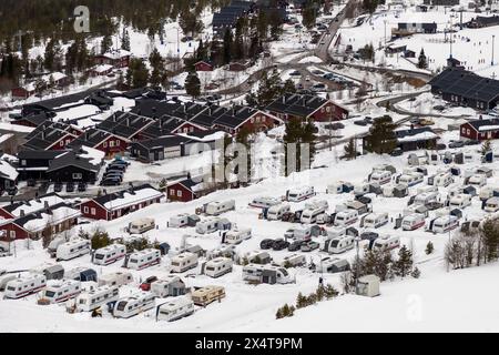 Idre fjäll, Sweden - 031921: Trailor park at Idre fjäll ski resort in winter time. Shot in Sweden, Scandinavia Stock Photo