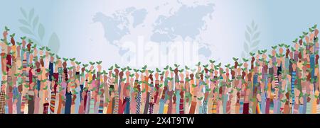 Raised hands of diverse multicultural people holding two green leaves as a symbol of ecology - green and clean environment or green and sustainable Stock Vector