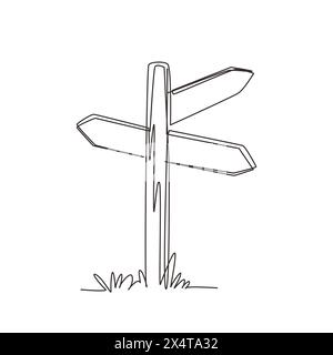 Continuous one line drawing wooden way direction sign. Vintage board on pole from brown hardwood for information message. Textured wooden sign board, Stock Vector