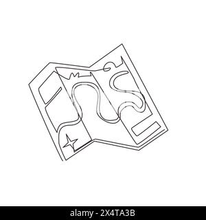 Continuous one line drawing map for traveling in doodle style. Folded paper map with a route. Map for camping, hiking, local tourism. Route on map. Si Stock Vector