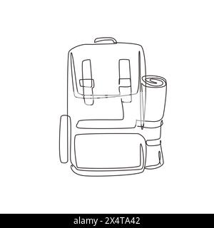 Single one line drawing hiking backpacks with sleeping bags. Camp, hike bags and knapsacks. Camping backpack for hiking, travel and tourism. Continuou Stock Vector
