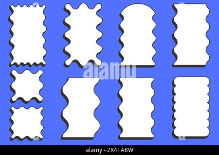 Wavy rectangle frame. Scallop edge box. Outline squiggle vector border. Groovy zigzag abstract shapes. Cute square aesthetic banners. Stock Vector