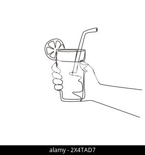 Single continuous line drawing lemonade served with ice cubes, hand holding refreshing beverage glass. Drink made of fresh lemon juice. Juicy water wi Stock Vector