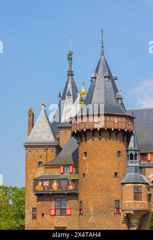 Details and the towers of Castle the Haar (Dutch: Kasteel de Haar), located in Haarzuilens outside the town of Utrecht and is the largest castle in Th Stock Photo