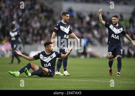 MELBOURNE, AUSTRALIA. 5 May 2024. Pictured: Ben Folami(11) of Melbourne Victory protests following a collision during the A Leagues Soccer, Melbourne Victory FC v Melbourne City FC elimination series at Melbourne's AAMI Park. Credit: Karl Phillipson/Alamy Live News Stock Photo
