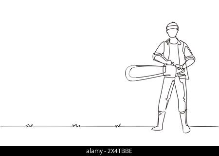 Continuous one line drawing worker using the chainsaw. Wearing suspender shirt, jeans and boots. Professional lumberjack pose cutting tree by chainsaw Stock Vector