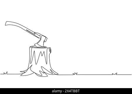 Single continuous line drawing Hatchet in a tree stump. A tree stump with an axe stuck. Forest, camping concept. Axe in stuck at stump. Dynamic one li Stock Vector
