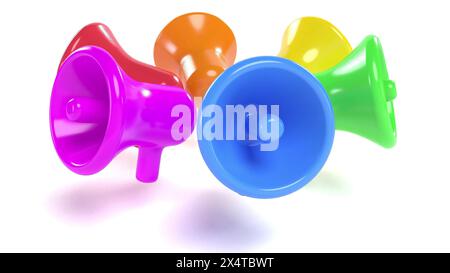 Color plastic bullhorn public address megaphones on white back 3d render Stock Photo